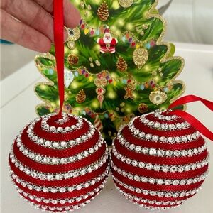 2 Large Red Satin Cord & Rhinestone Christmas Round Sparkling Bling Ornaments 4”